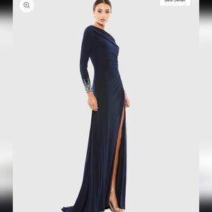 Mac Duggal Navy Maxi Dress with Crystal Accents